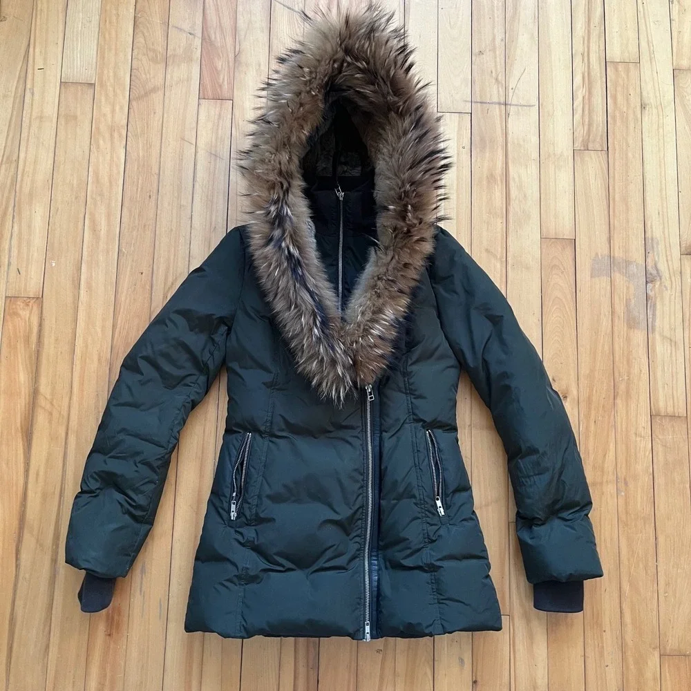 Mackage Akiva Down Puffer Coat Fur Hood Olive Green Asymmetrical Zip Size Small - Picture 1 of 11